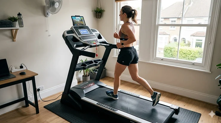 A modern home gym in a bright British spare room featuring a Zwift-compatible treadmill with a tablet showing the Zwift virtual running interface. zwift compatible treadmill uk setup guide