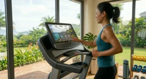 A runner using a finger to adjust the automatic incline settings on a treadmill touchscreen display during a workout.