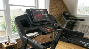 Clear view of a treadmill dashboard showing metric tracking for kilometres, pace, and heart rate with tactile buttons and tablet holder.