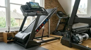 Side profile illustration showing a treadmill adjusted to a 15 per cent incline for intensive hill sprint training at home.