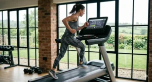 A runner using the automatic incline feature on a high performance treadmill to simulate hilly UK outdoor terrain.