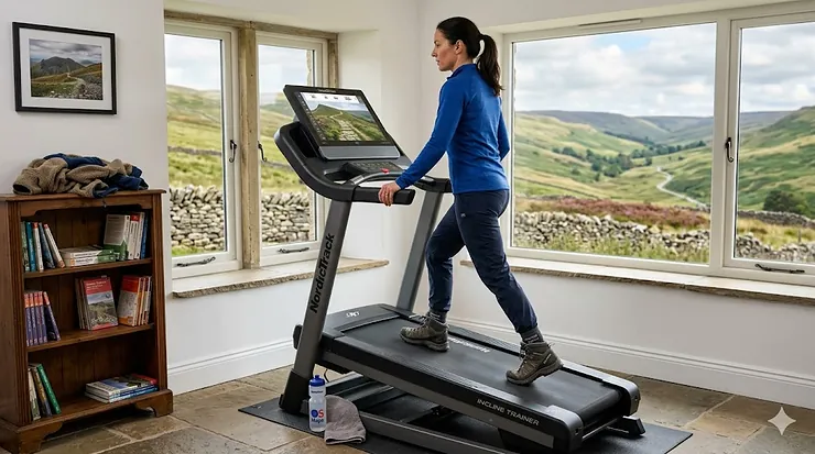 A person using a high-gradient incline trainer to simulate hill walking in a bright home gym with a view of the British countryside. incline trainer for hill walking