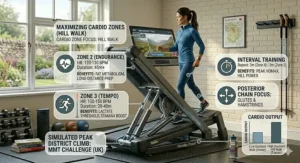 Infographic detailing heart rate zones and cardio output during a simulated Peak District climb on an incline trainer.