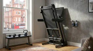A detailed photograph of the treadmill in its compact, vertically folded storage position against a feature wall in a premium apartment.