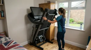 Space-saving folding treadmill with hill simulation features stored in a typical UK box room.