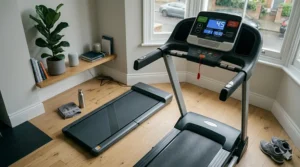 Alt text for image 2: Infographic of a compact folding treadmill system designed for small UK flats and homes, showing the flat profile and floor space saved.