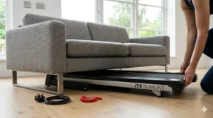 The JTX Slimline home treadmill positioned against a wall in a small flat, highlighting its space-saving footprint.