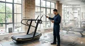 Technical drawing showing the floor space dimensions in centimetres for a curved treadmill in a UK garage gym.