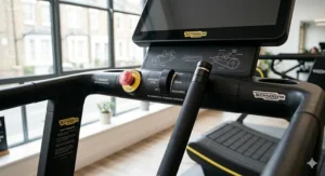 Detailed view of the safety handrails and emergency stop features on a high-end curved treadmill.