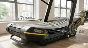 Illustration showing the ergonomic curve and rubber slat-belt design of a non-motorised treadmill.