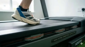 A high-detail macro shot of an Adidas Adios Pro 3 running shoe compressing a cushioned treadmill deck, designed for high-mileage marathon prep.