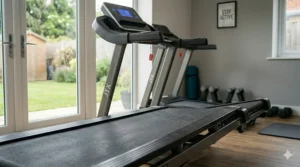 Wide, cushioned running belt of an incline treadmill designed to reduce impact on joints.