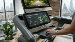 A graphic showing the low energy consumption of a wifi enabled treadmill, ideal for UK utility costs.
