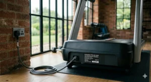 An infographic showing the low energy consumption and UK-standard power plug for a high performance treadmill.