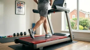 Diagram showing a runner with a wide stance comfortably using the full width of a wide treadmill deck without hitting the side shrouds.