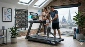 A British family using a wifi enabled treadmill with personalised profiles for different fitness levels.