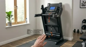 A space-saving folding treadmill with a 150kg capacity stored upright, ideal for UK homes with limited floor space.