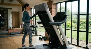A compact, folding high performance treadmill tucked away in a modern UK flat, demonstrating space-saving design for urban runners.