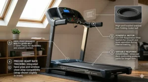 A high-resolution photorealistic photograph of a modern treadmill fully folded in a home gym. The close-up shot focuses on the robust folding mechanism and a Kinomap Compatible sticker.