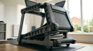 A wide-deck treadmill in a folded position to demonstrate space-saving storage in a typical British spare room or garage.