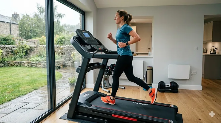 A woman running on a heavy duty robust treadmill with a reinforced steel frame, situated in a modern UK home gym with views of a British garden. heavy duty robust treadmill uk steel frame