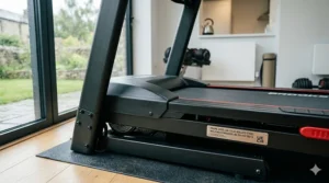Close-up technical shot of a high-grade black powder-coated steel frame on a robust treadmill, showing industrial welding standards.