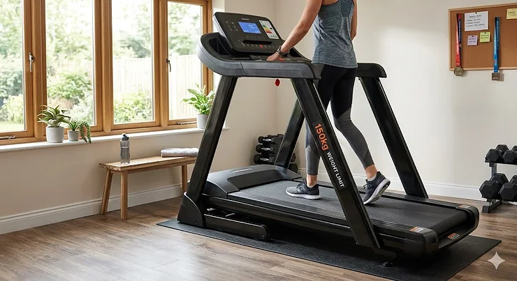 A high-quality motorised treadmill with a 150kg weight limit situated in a modern UK home gym, showing a sturdy frame and wide running deck. treadmill 150kg weight limit