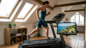 A high-resolution photorealistic photograph of a male runner performing an intense workout on a high-performance Horizon 7.0AT treadmill. A mounted iPad Pro displays the Kinomap application's training interface.