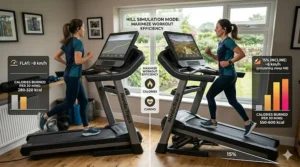 Infographic comparing calorie expenditure between flat running and hill simulation modes on a home treadmill.