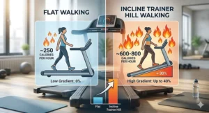 Comparison infographic showing higher calorie burn for incline hill walking versus flat walking on a treadmill.