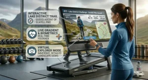 Close-up of an incline trainer screen showing a virtual guided ascent of Scafell Pike in the Lake District.