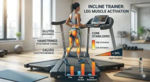 Diagram highlighting glute, hamstring, and calf activation during high-gradient power walking.