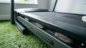 Close-up of a treadmill console displaying a virtual hilly running route through the British countryside as part of a UK marathon training plan.
