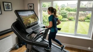A runner using a hill simulation treadmill in a British home setting overlooking a garden.