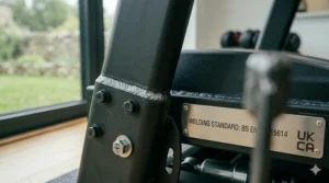 Macro photography of industrial-strength welds and heavy duty bolts on a robust UK treadmill with a cold-rolled steel frame.