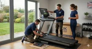 Professional technicians installing a premium treadmill with decline functionality in a British home setting.