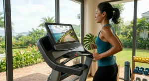 A front-facing view of a treadmill user looking at a touchscreen display featuring a coastal running route in Cornwall.