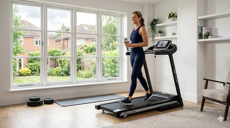 The JTX Slimline home treadmill set up in a bright UK living room, showing its compact design and sleek console. jtx slimline home treadmill