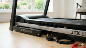 Close-up of the running deck on a JTX Slimline treadmill adjusted to an incline for a more intense cardio session.