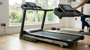 A user easily moving the JTX Slimline home treadmill using the built-in transport wheels on a hardwood floor.