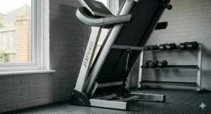 The JTX Sprint-9 treadmill in its folded position, showing the hydraulic Lift Assist mechanism suitable for compact British home gyms.