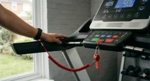 Detail shot of the red emergency stop safety key and integrated heart rate sensors on the ergonomic treadmill handrails.