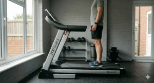A side profile of a person standing on the JTX Sprint-9 treadmill, providing a sense of scale and showing the semi-commercial frame size.