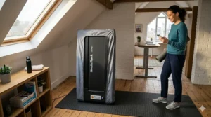 A high-resolution photorealistic photograph of a compact under-desk walking pad standing vertically and fully covered in a UK loft home gym, demonstrating a space-saving workout setup.