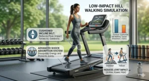 Graphic demonstrating how a cushioned incline trainer reduces joint impact compared to outdoor hill walking on hard terrain.