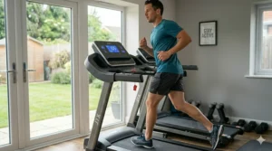 A man using a treadmill with adjustable incline at a 10 percent gradient for a high-intensity workout.