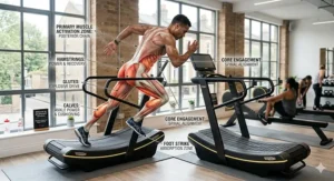 Anatomical illustration highlighting increased posterior chain and core muscle engagement during curved treadmill sprints.