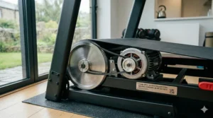 Internal view of the powerful motorised drive system and heavy duty pulley mechanism of a robust steel-frame treadmill.