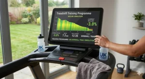 Close-up of a treadmill console displaying a downhill running workout programme, showing speed and decline for UK trail simulation.