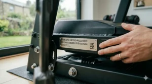 A close-up of a hand inspecting the heavy duty steel frame and UKCA certification label on a robust running machine.